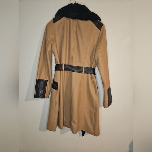 Y2K Vintage Via Spiga Camel Wool Leather Coat Faux Fur Collar Belted Women’s S12 - Picture 5 of 13